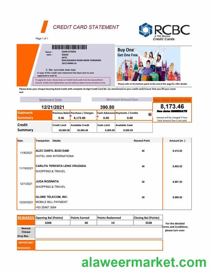 Philippines Rizal Commercial Banking Corporation (RCBC) credit card statement template in .xls and .pdf file format